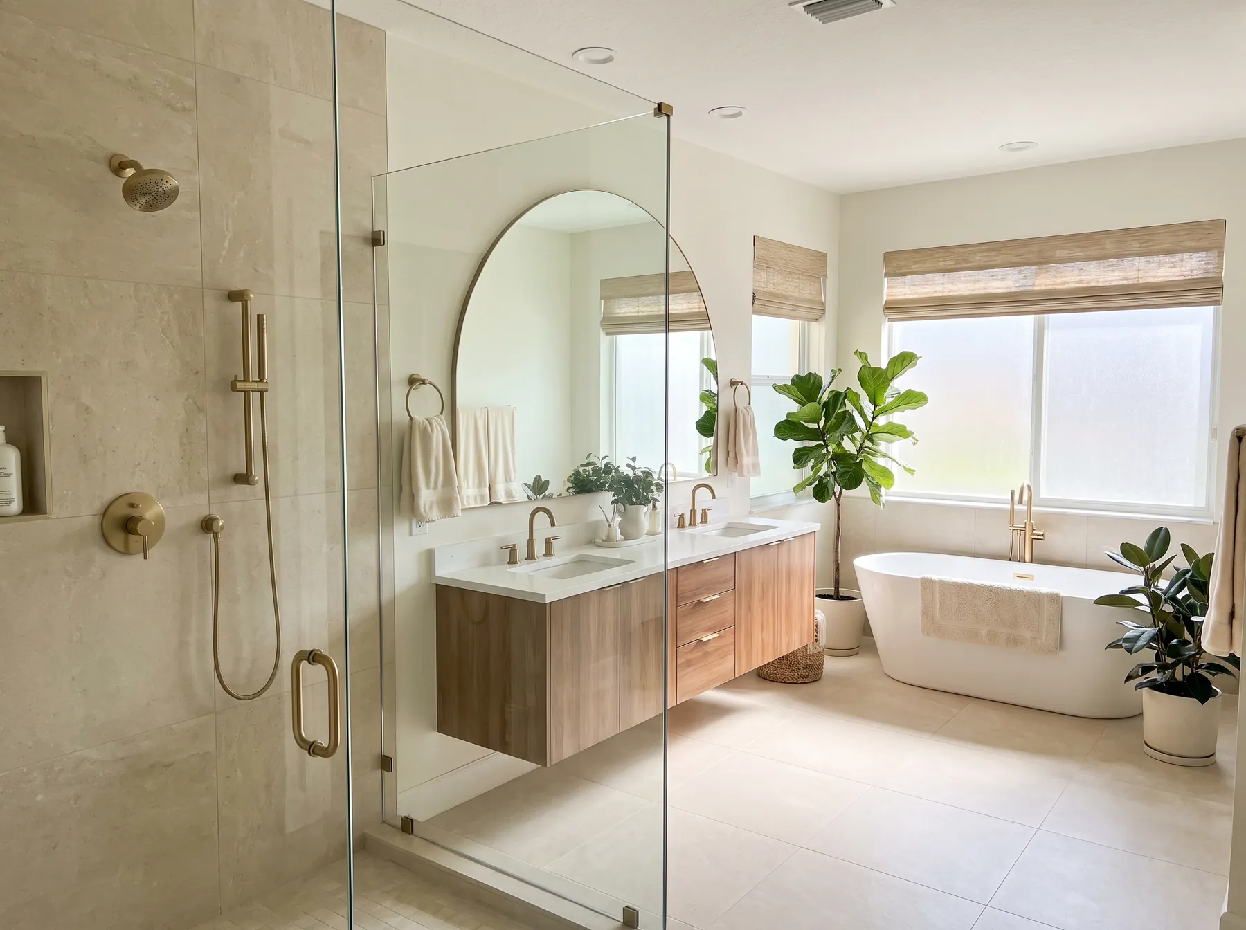 Renovated bathroom with walk-in shower and double vanity